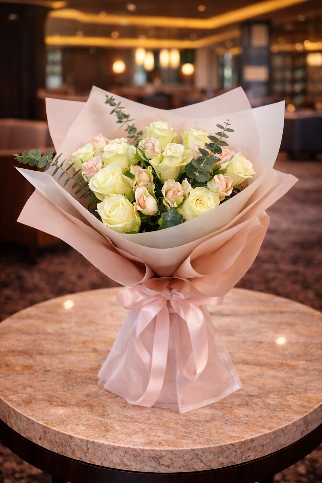 White and Light Pink Rose Bouquet