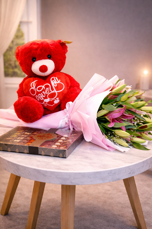 Lilly bouquet with box chocolate and teddy bear