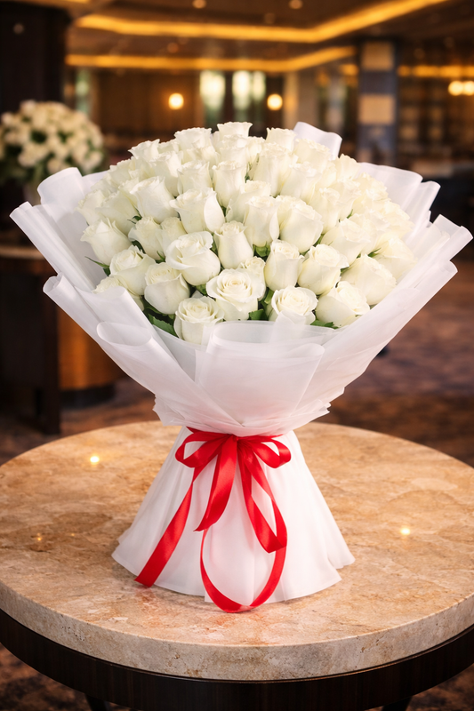Luxurious 50 White Roses Bouquet Stunning Fetching