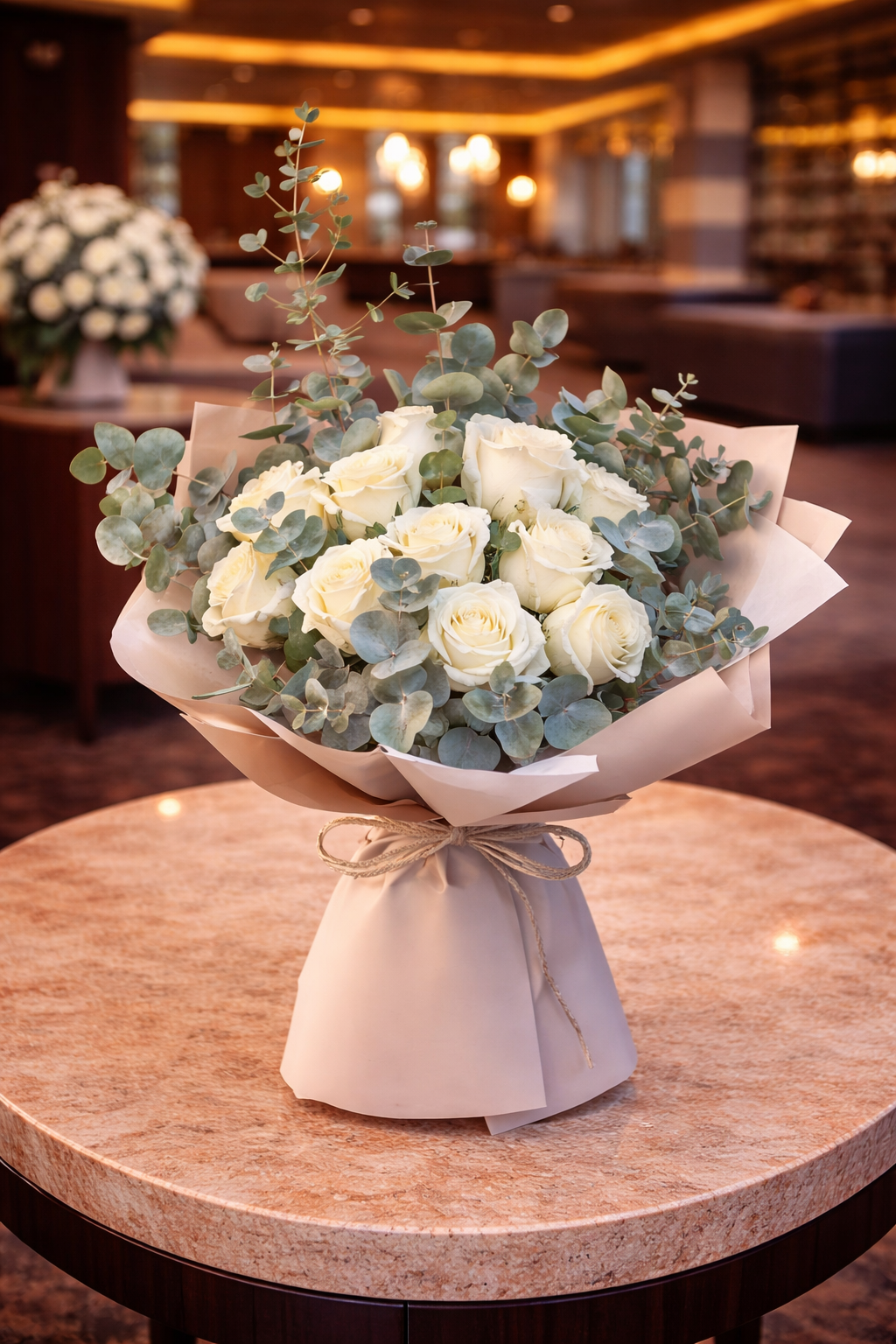 White Roses with Eucalyptus Leaves Bouquet
