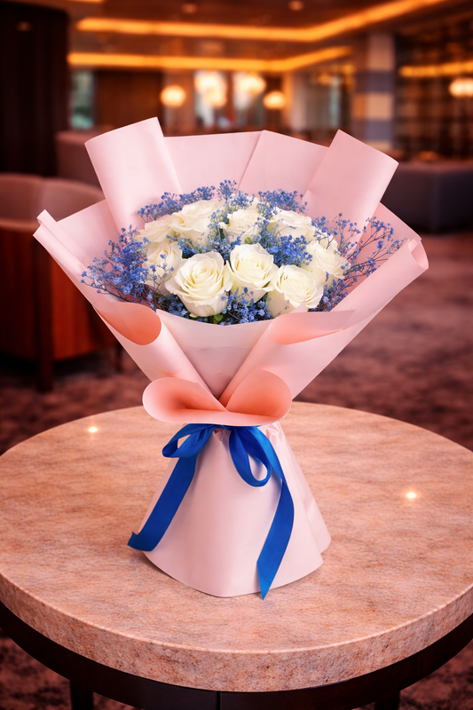 White Rose Bouquet n Blue Gypsophila