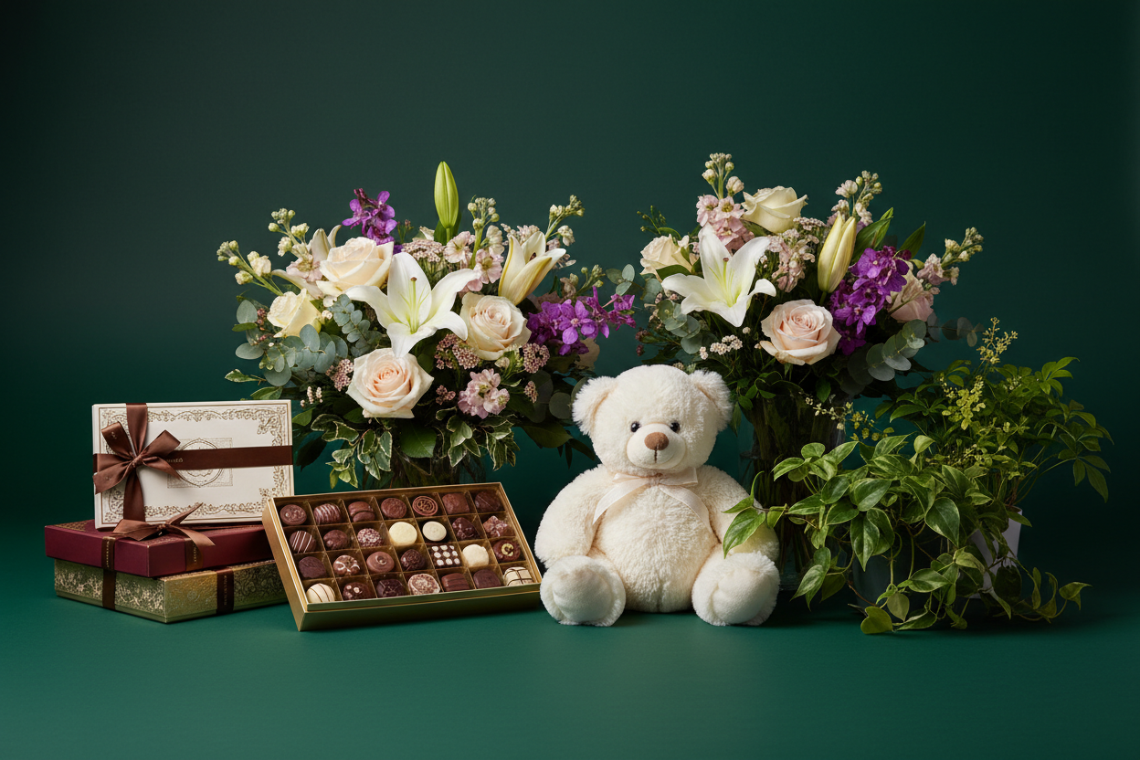 generate image banner with flowers, chocolates, teddy bear & plants. use thia color in background. #083528. full width banner. professsional