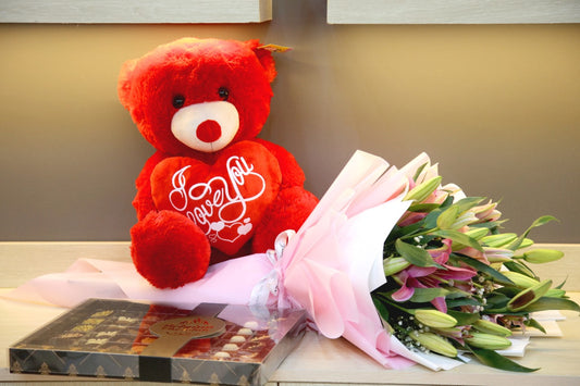 Lilly bouquet with box chocolate and teddy bear